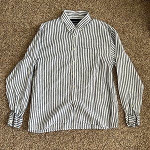Navy Blue and White Striped 100% Linen Button-Up Shirt Abercrombie Men Size M